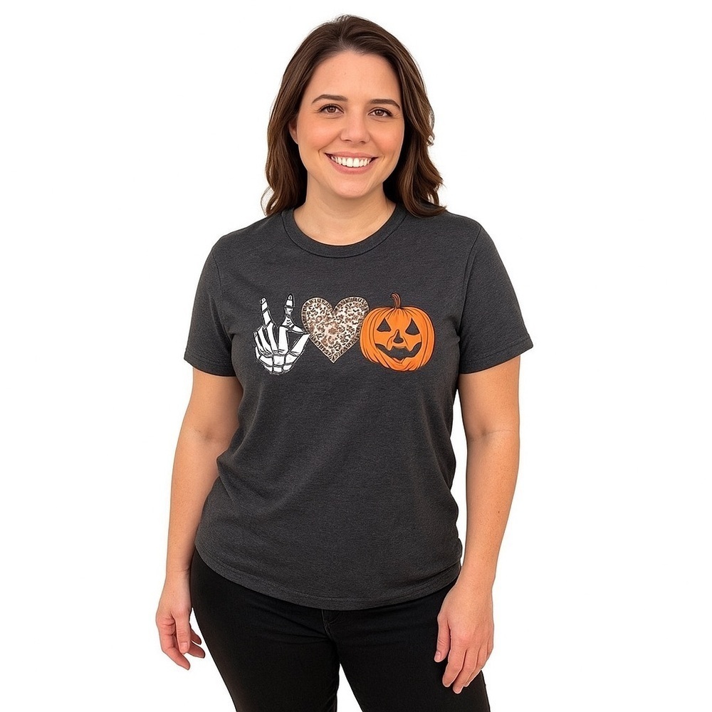 Women’s Halloween Graphic T-Shirt Peace Love Pumpkin Dark Gray Size Small